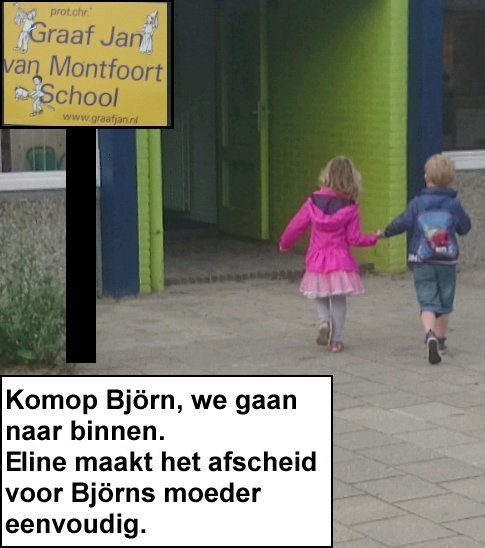 Eline en Bjorn rennen de school binnen